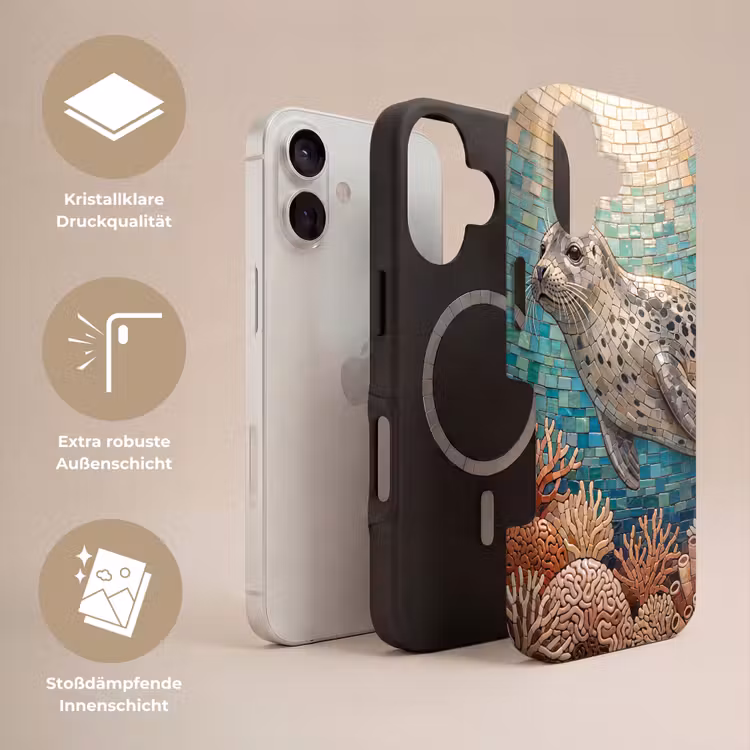 Zeehond - Mozaïek - Onderwater - Dieren - Blauw Toughcase MagSafe Apple iPhone 17 klein -USP_Lagen_DE