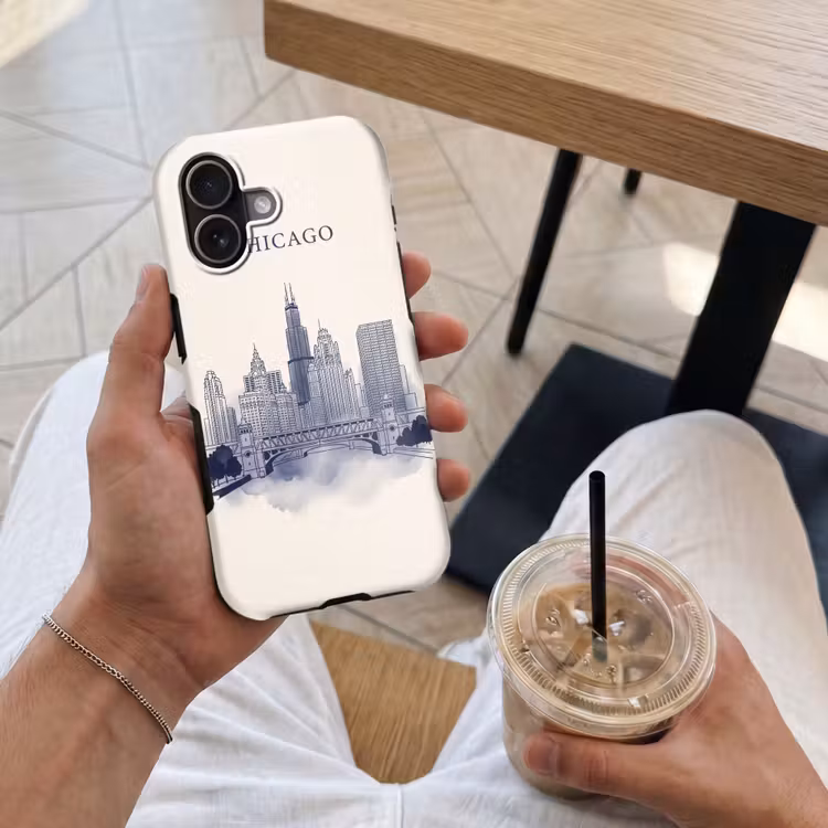 Stad - Skyline - Architectuur - Lijntekening - Blauw Toughcase MagSafe Apple iPhone 17 klein -Sfeer1M