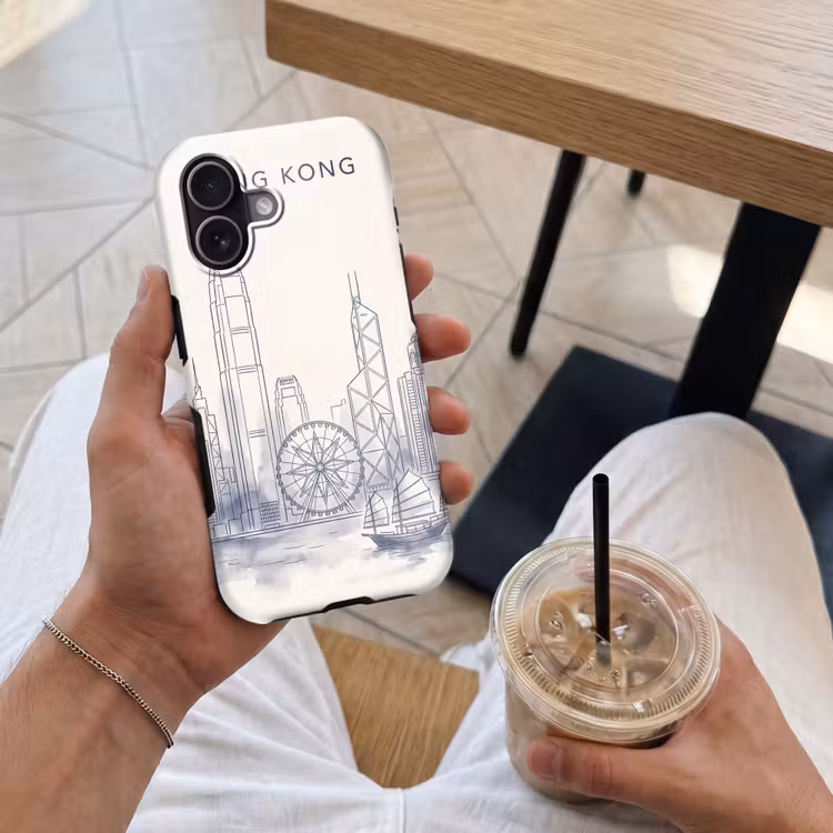 Stad - Skyline - Water - Lijntekening - Blauw Toughcase MagSafe Apple iPhone 17 klein -Sfeer1M