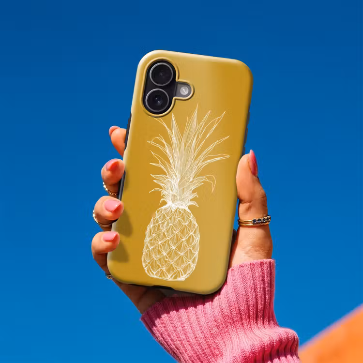 Lijnillustratie - Ananas - Bladkroon - Okergeel Toughcase MagSafe Apple iPhone 17 klein -Sfeer1V