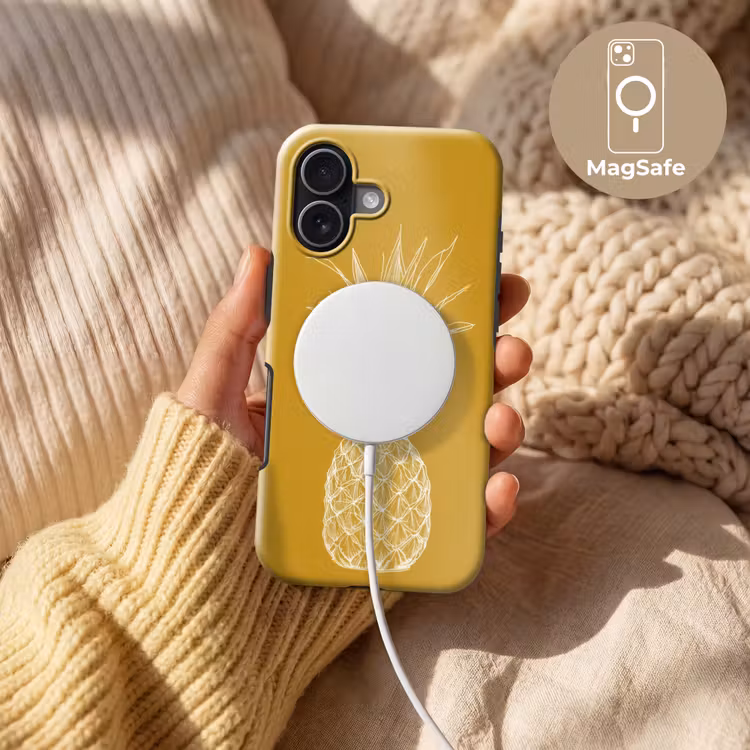 Lijnillustratie - Ananas - Bladkroon - Okergeel Toughcase MagSafe Apple iPhone 17 klein -USP_MagsafeV