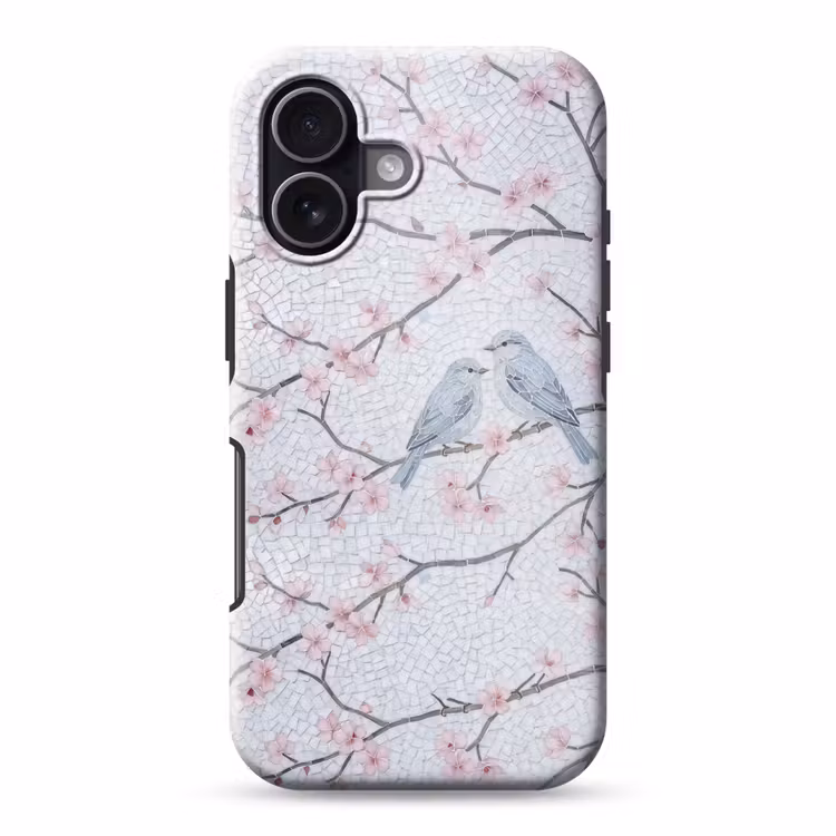 Vogel - Bloemen - Natuur - Mozaïek - Roze Toughcase MagSafe Apple iPhone 17 klein -3d