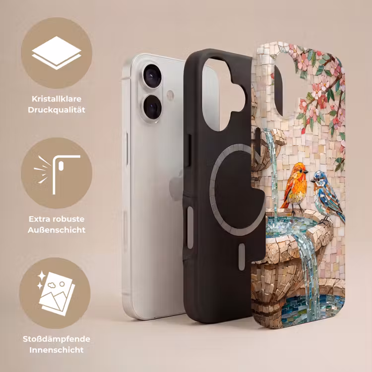 Vogel - fontein - mozaiek - kleurrijk - dieren Toughcase MagSafe Apple iPhone 17 klein -USP_Lagen_DE