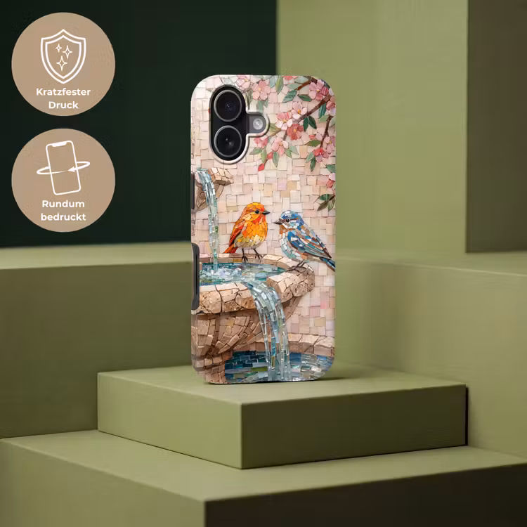 Vogel - fontein - mozaiek - kleurrijk - dieren Toughcase MagSafe Apple iPhone 17 klein -USP_PrintM_DE