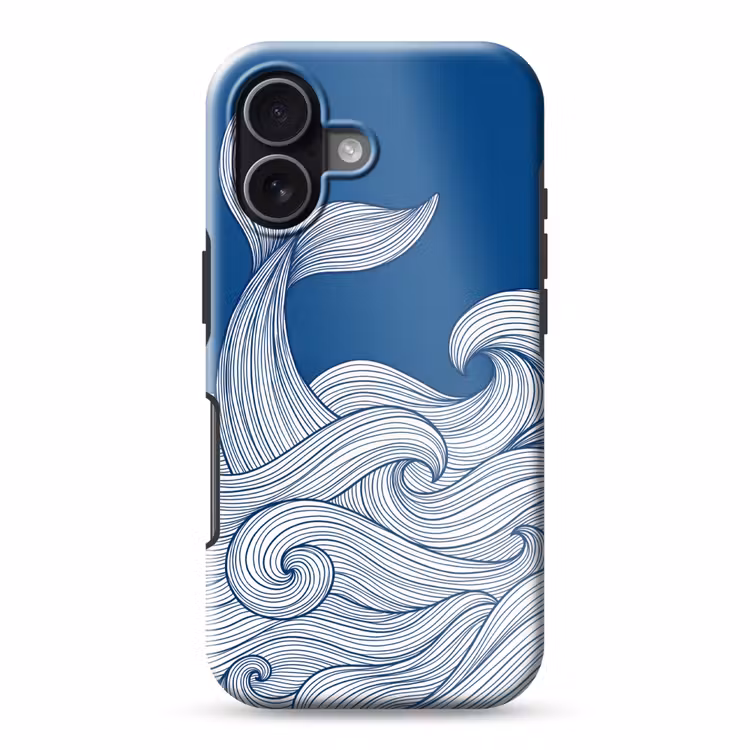 Walvis - Staart - Golven - Lijntekening - Blauw Toughcase MagSafe Apple iPhone 17 klein -3d