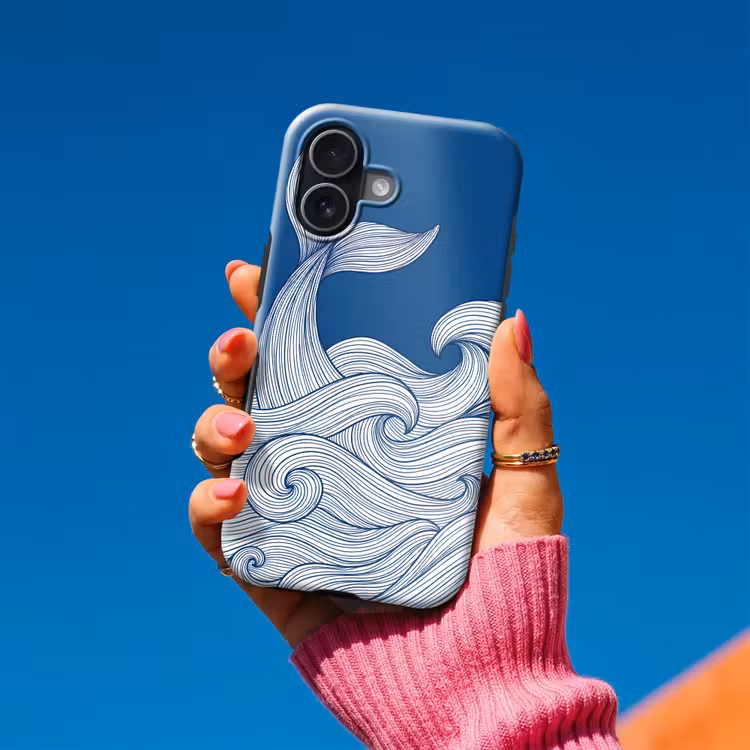 Walvis - Staart - Golven - Lijntekening - Blauw Toughcase MagSafe Apple iPhone 17 klein -Sfeer1V