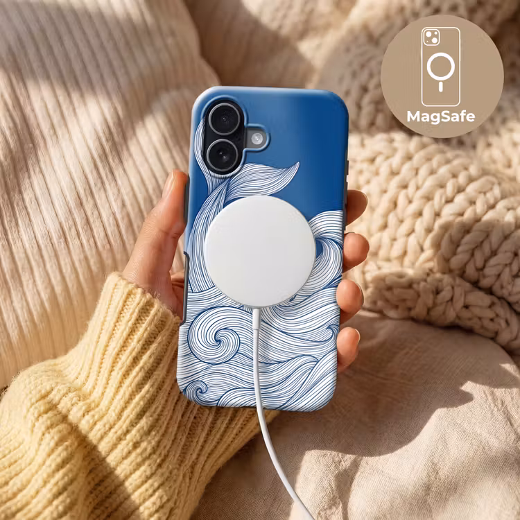 Walvis - Staart - Golven - Lijntekening - Blauw Toughcase MagSafe Apple iPhone 17 klein -USP_MagsafeV
