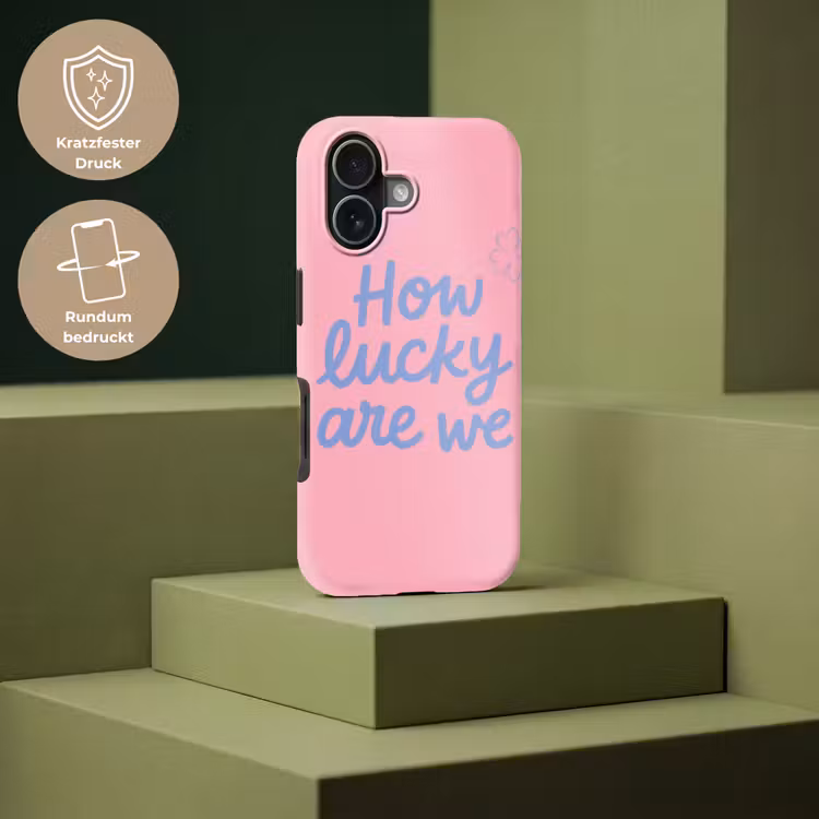 How lucky are we - Klavervier - Roze - Blauw Toughcase MagSafe Apple iPhone 17 klein -USP_PrintM_DE