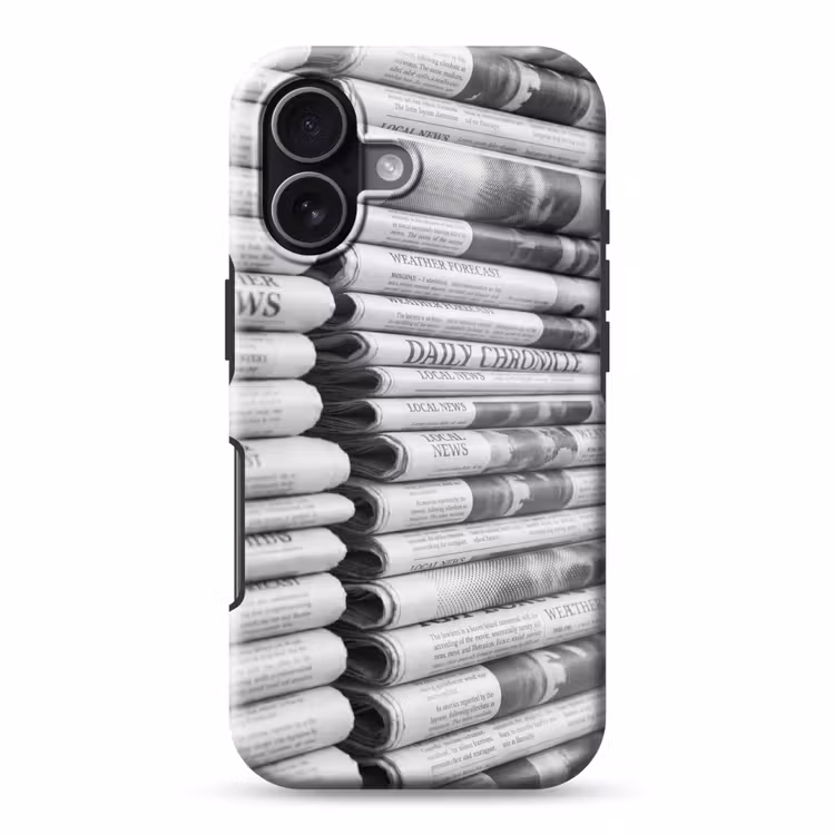 Krant - Stapel - Nieuws - Zwart-wit - Media Toughcase MagSafe Apple iPhone 17 klein -3d