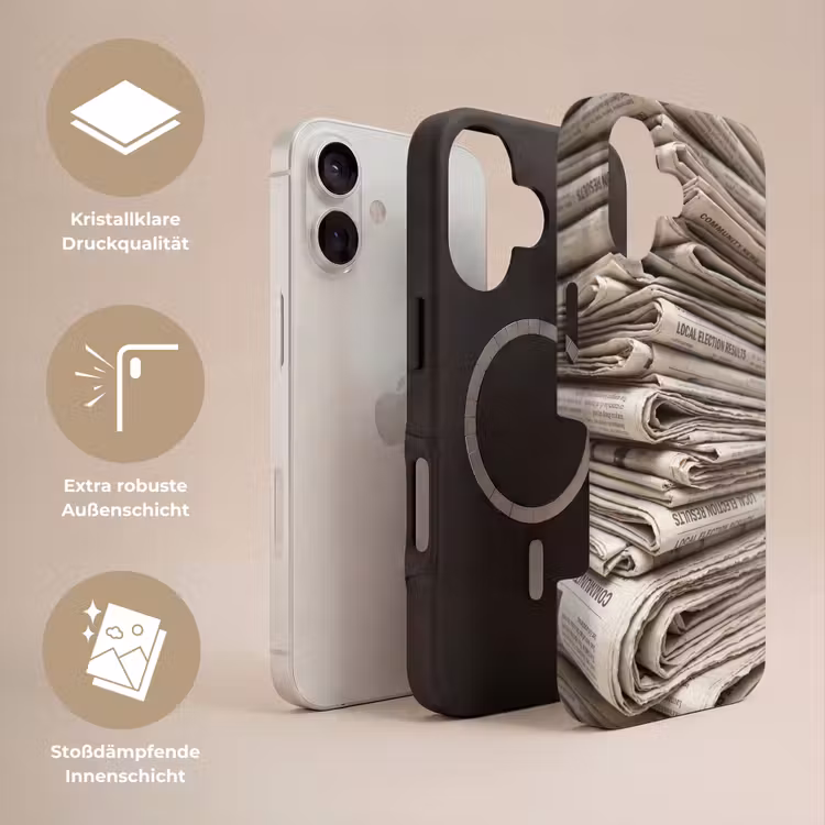 Kranten - Stapel - Nieuws - Vintage - Beige Toughcase MagSafe Apple iPhone 17 klein -USP_Lagen_DE
