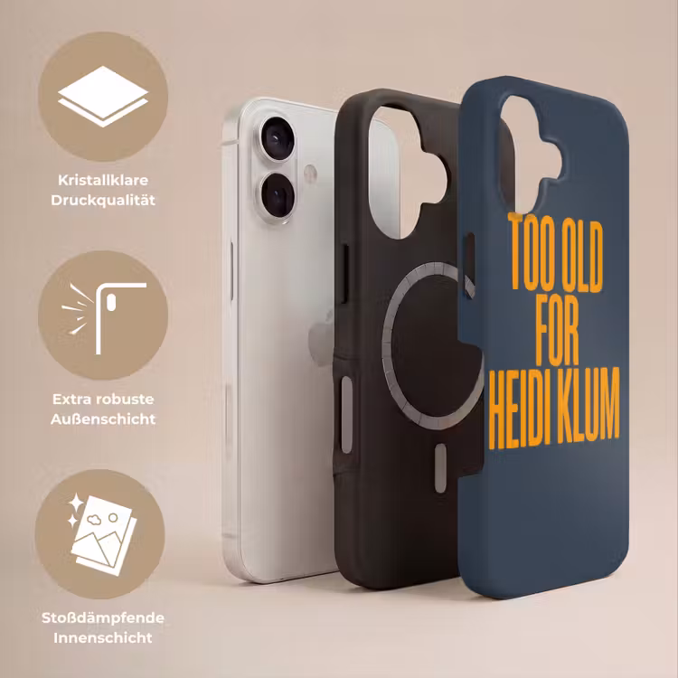Too old for heidi klum - Geel - Blauw Toughcase MagSafe Apple iPhone 17 klein -USP_Lagen_DE