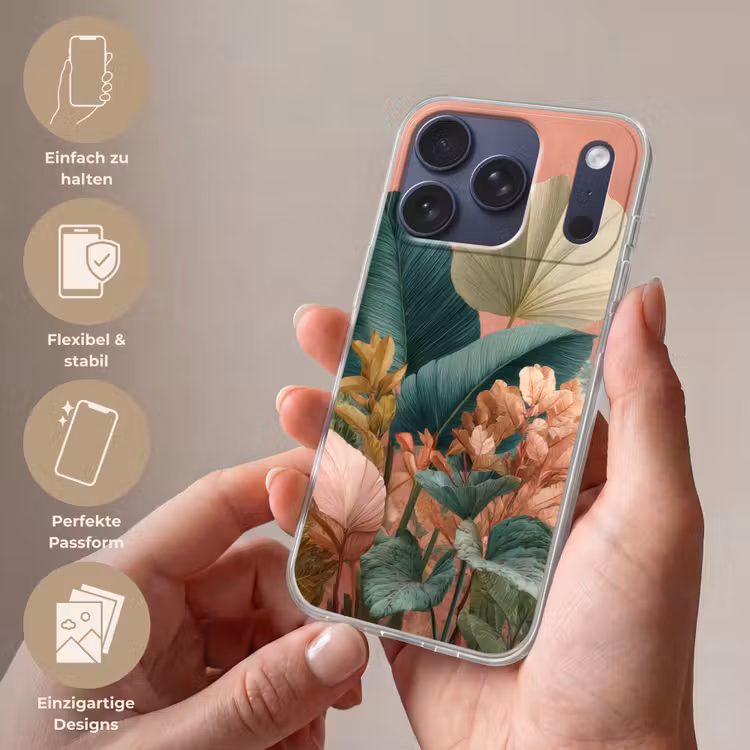 Tropische bladeren - Bloemen - Roze - groen Telefoonhoesje iPhone 17 Pro klein -sfeer3_DE