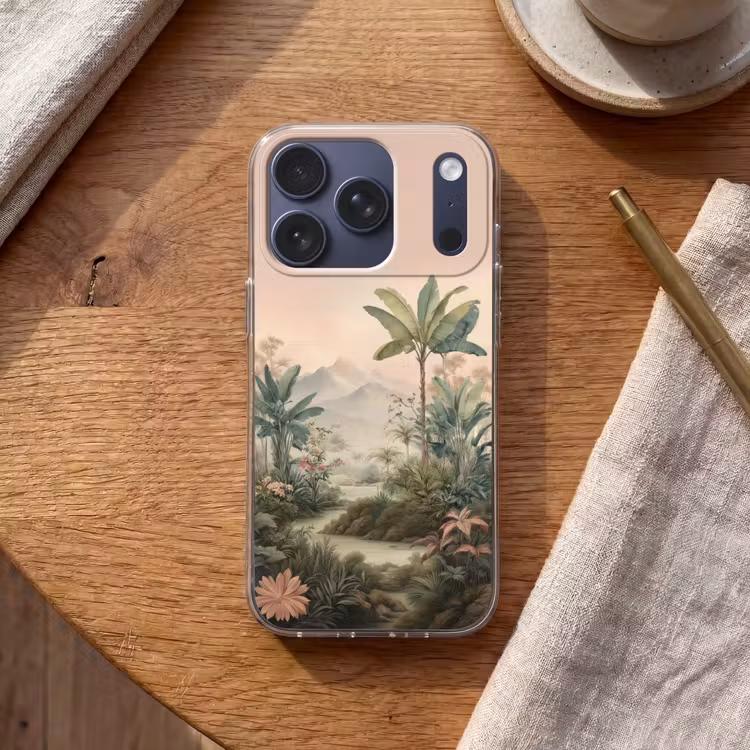 Tropisch landschap - palmbomen - Bloemen - Roze lucht Telefoonhoesje iPhone 17 Pro klein -sfeer1