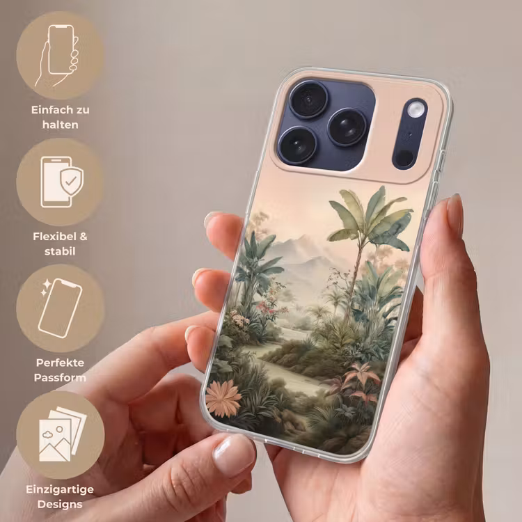 Tropisch landschap - palmbomen - Bloemen - Roze lucht Telefoonhoesje iPhone 17 Pro klein -sfeer3_DE