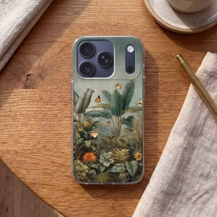 Tropisch bladerdek - Vlinders - groen - Bruin Telefoonhoesje iPhone 17 Pro klein -sfeer1