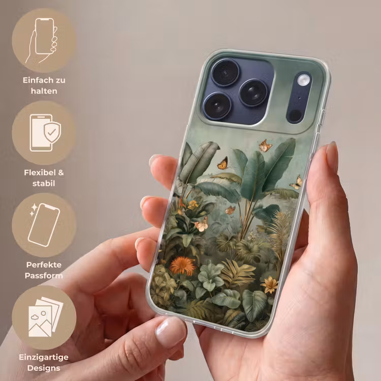 Tropisch bladerdek - Vlinders - groen - Bruin Telefoonhoesje iPhone 17 Pro klein -sfeer3_DE