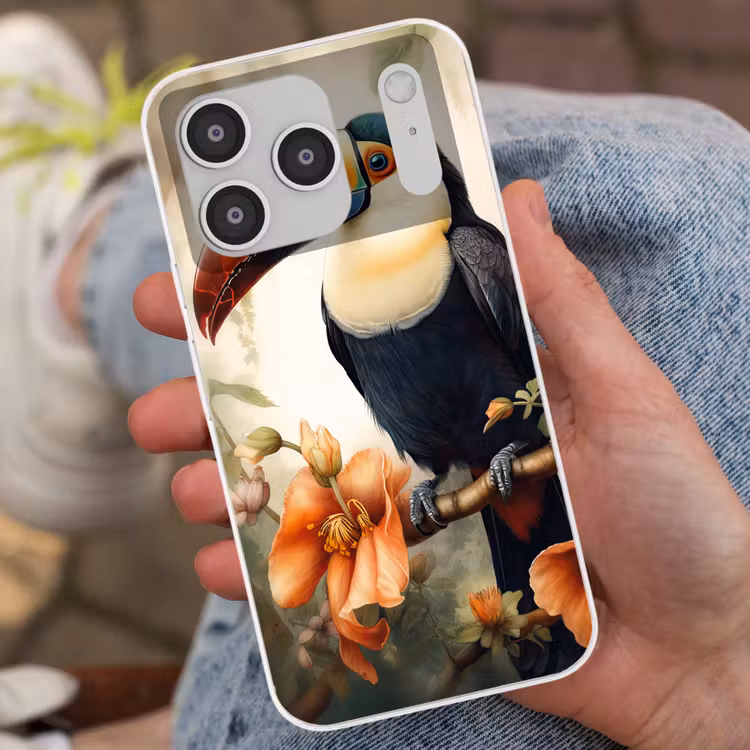 Toekan - Vogel - Bloemen - Planten Telefoonhoesje iPhone 17 Pro klein -sfeer2
