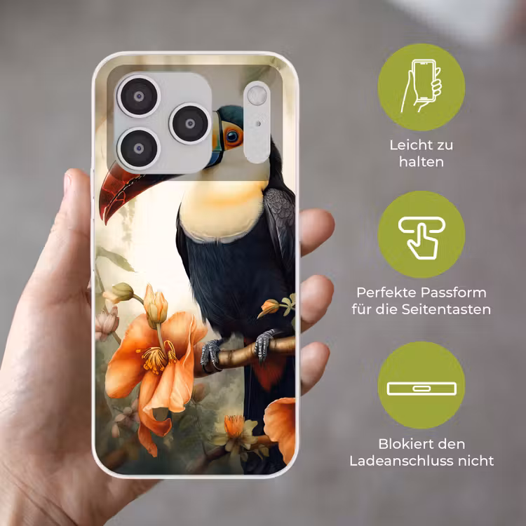 Toekan - Vogel - Bloemen - Planten Telefoonhoesje iPhone 17 Pro klein -sfeer3_DE