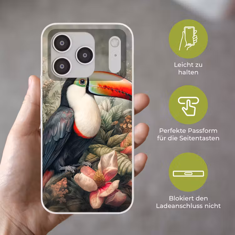 Toekan - Vogels - Bloemen - Planten - Tropisch Telefoonhoesje iPhone 17 Pro klein -sfeer3_DE