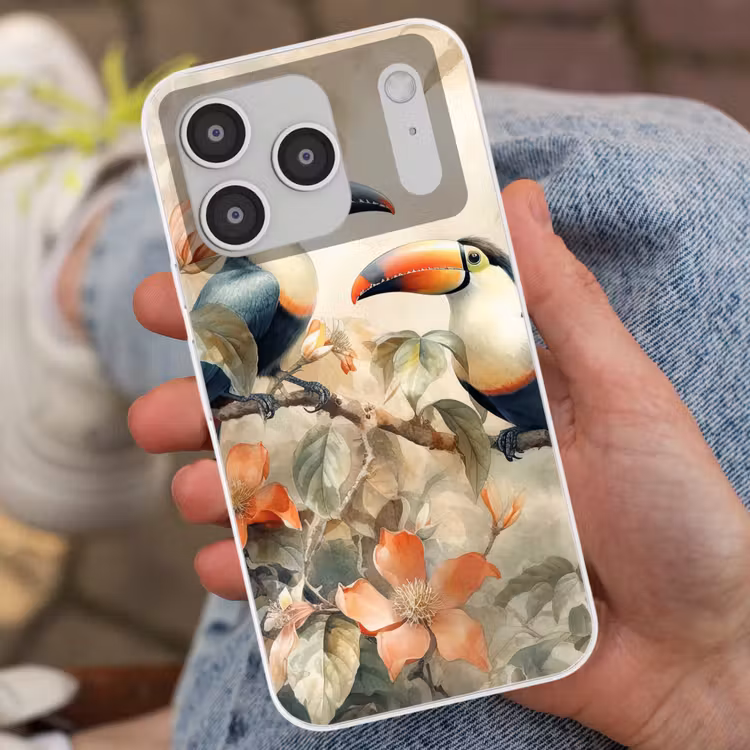 Toekan - Vogels - Bloemen - Tak Telefoonhoesje iPhone 17 Pro klein -sfeer2