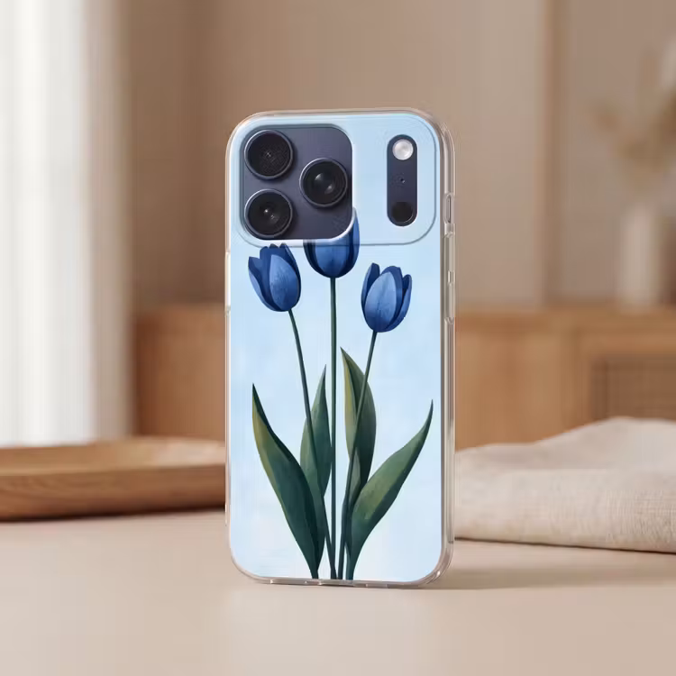 Tulpen - Blauw - Bladeren Telefoonhoesje iPhone 17 Pro klein -sfeer2