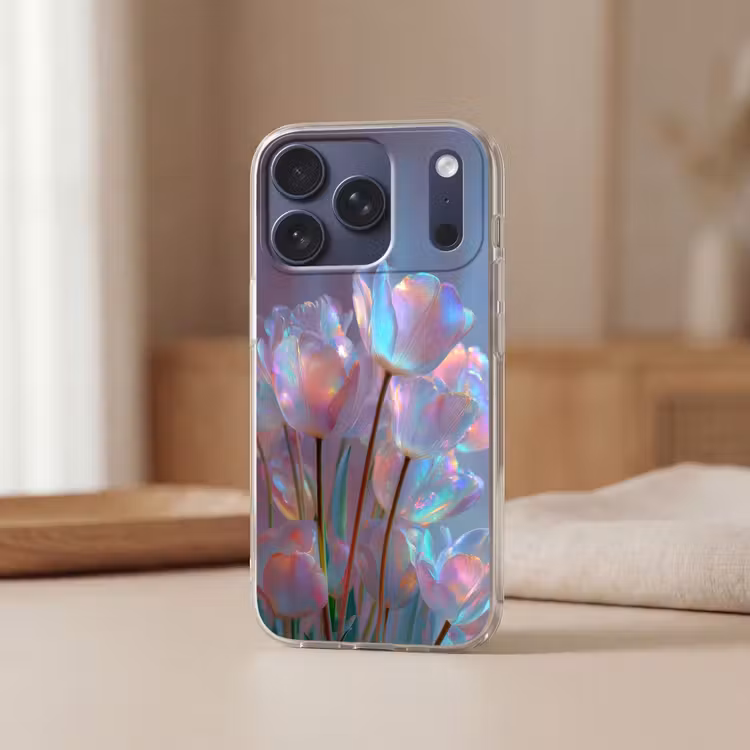 Tulpen - Glazen - Bloemblaadjes - Pasteltinten Telefoonhoesje iPhone 17 Pro klein -sfeer2