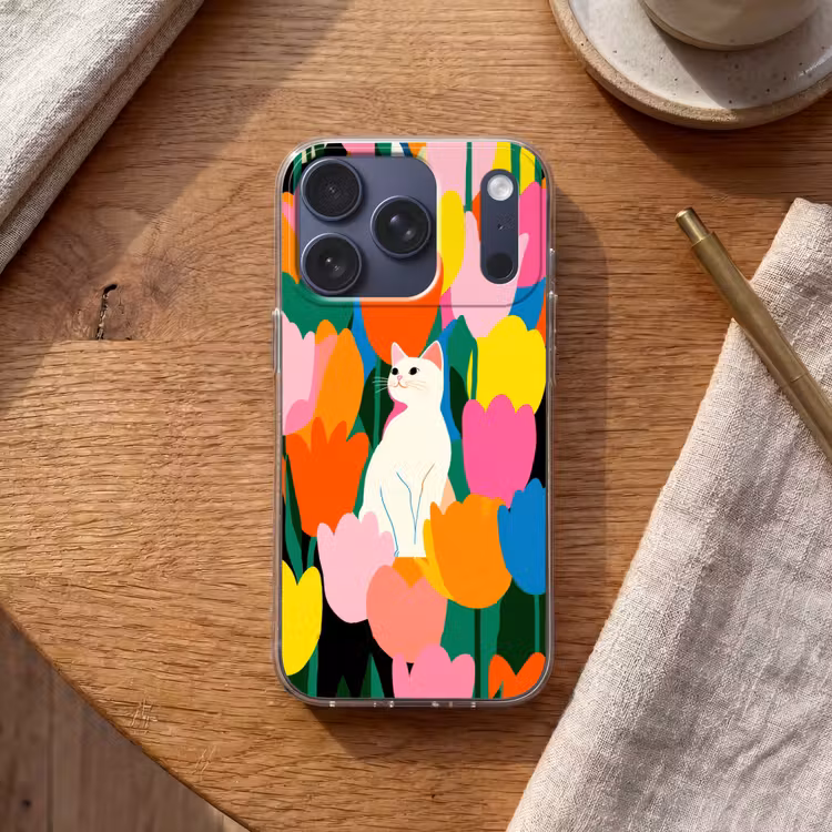 Tulpen - Kat - Kleurrijk Telefoonhoesje iPhone 17 Pro klein -sfeer1