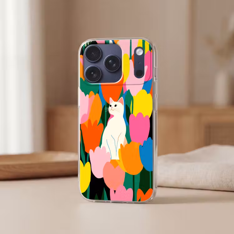 Tulpen - Kat - Kleurrijk Telefoonhoesje iPhone 17 Pro klein -sfeer2