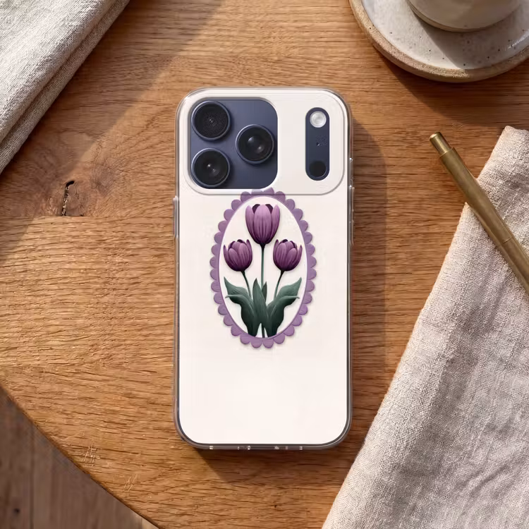 Tulpen - Paars - Lijst - Bladeren Telefoonhoesje iPhone 17 Pro klein -sfeer1