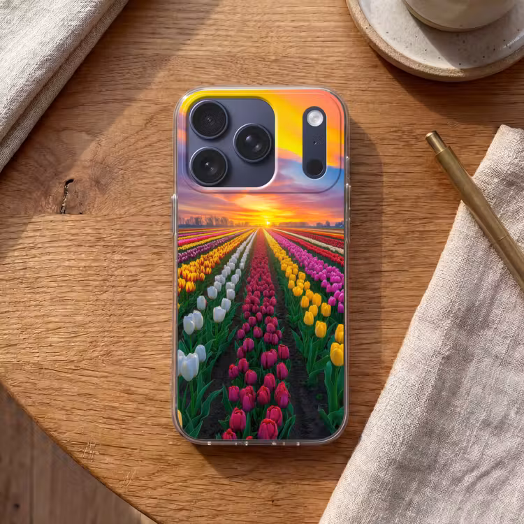 Tulpenveld - Zonsondergang - Kleurrijk Telefoonhoesje iPhone 17 Pro klein -sfeer1