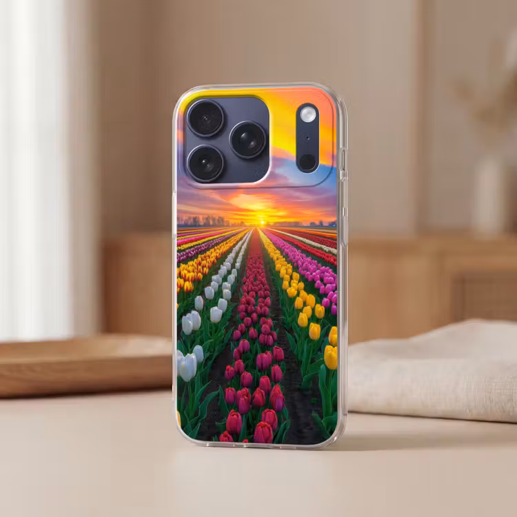 Tulpenveld - Zonsondergang - Kleurrijk Telefoonhoesje iPhone 17 Pro klein -sfeer2