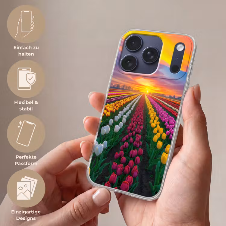 Tulpenveld - Zonsondergang - Kleurrijk Telefoonhoesje iPhone 17 Pro klein -sfeer3_DE