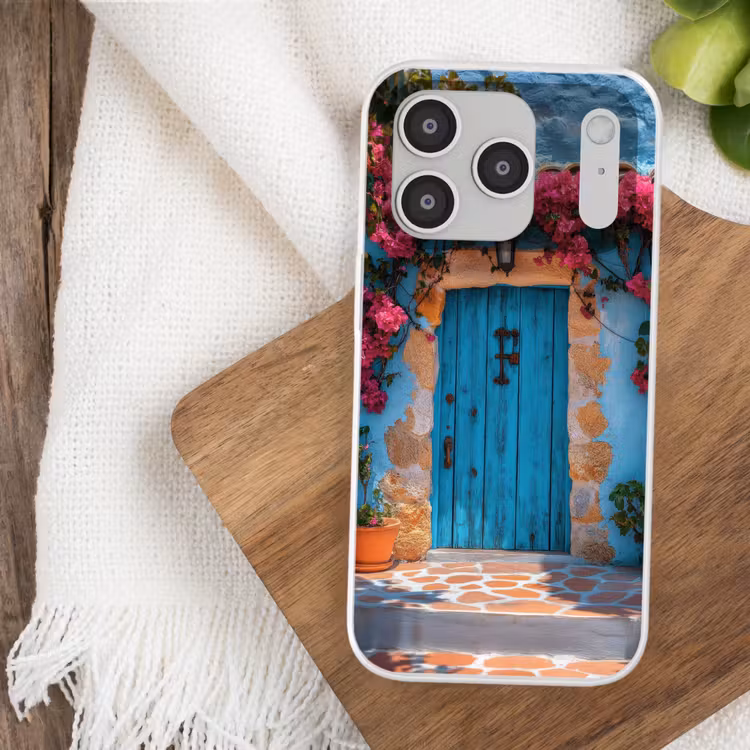 Deur - Hout - Bloemen - Blauw Telefoonhoesje iPhone 17 Pro klein -sfeer1