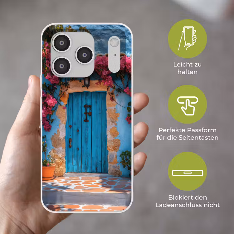 Deur - Hout - Bloemen - Blauw Telefoonhoesje iPhone 17 Pro klein -sfeer3_DE