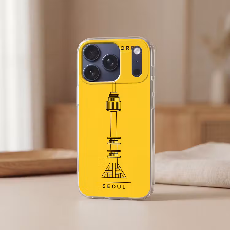 Toren - Seoul - Architectuur - Minimalistisch - Geel Telefoonhoesje iPhone 17 Pro klein -sfeer2