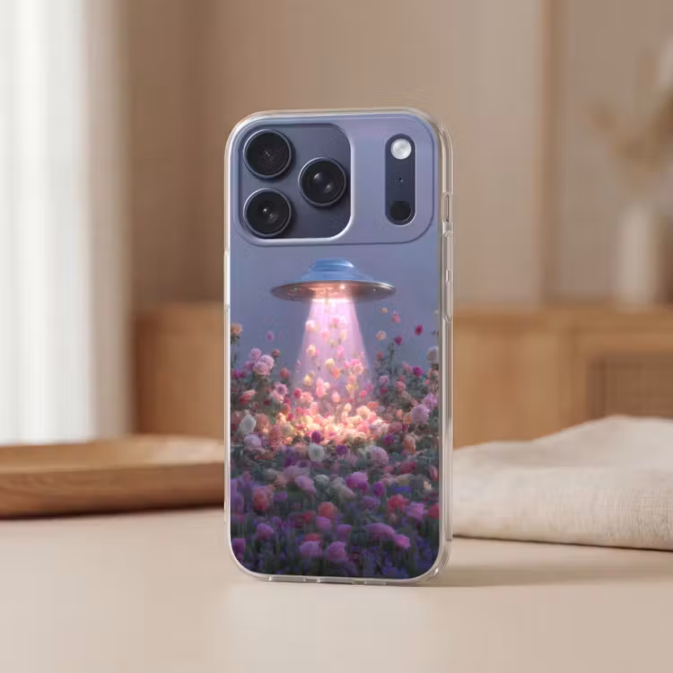Ufo - Rozen - Pastelkleuren Telefoonhoesje iPhone 17 Pro klein -sfeer2