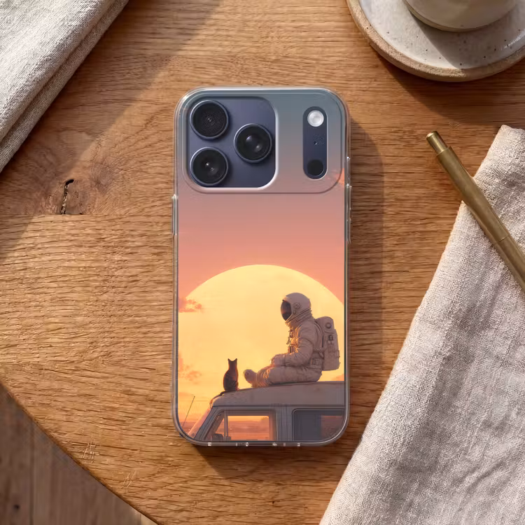 Busje - Kat - Zonsondergang - Oranje Telefoonhoesje iPhone 17 Pro klein -sfeer1