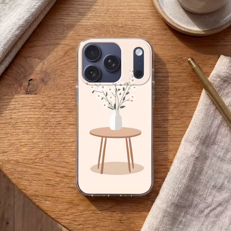 Vaas - Bloemen - Madeliefjes - Beige Telefoonhoesje iPhone 17 Pro klein -sfeer1