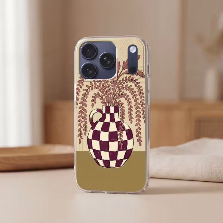 Vaas - Geruit - Planten - Modern - Paars Telefoonhoesje iPhone 17 Pro klein -sfeer2