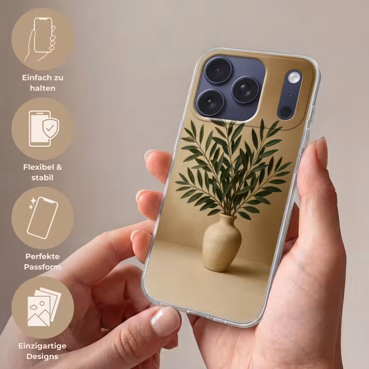 Vaas - Olijftakken - Bladeren - Beige Telefoonhoesje iPhone 17 Pro klein -sfeer3_DE