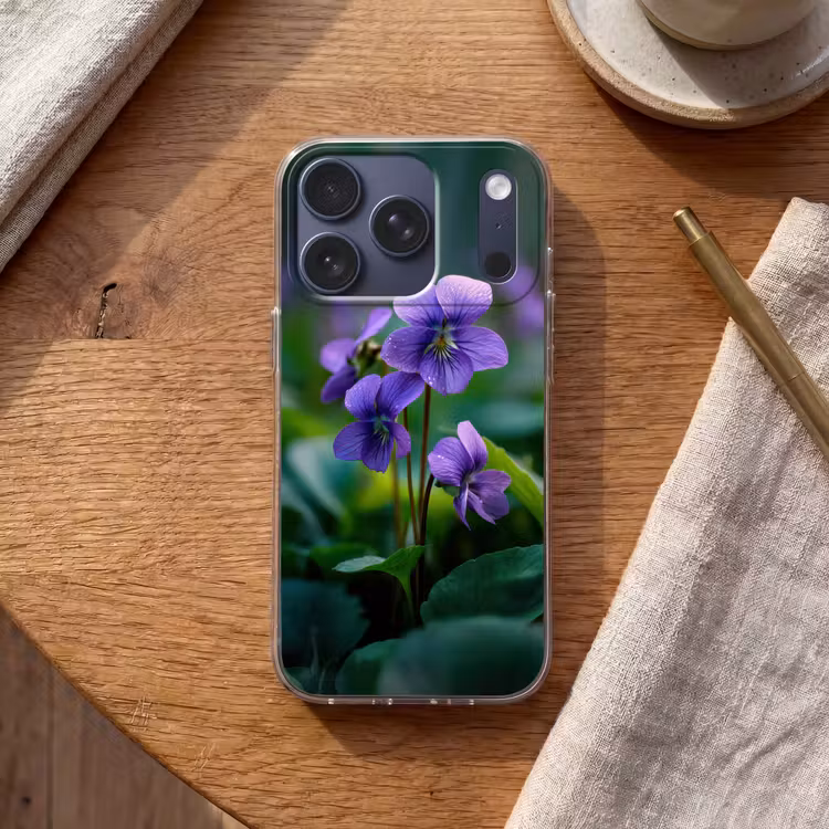 Viooltjes - Paars - Bloem - Bladeren Telefoonhoesje iPhone 17 Pro klein -sfeer1