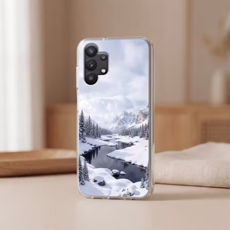 Sneeuwlandschap - Bergen - Rivier - Winter Telefoonhoesje Samsung Galaxy A32 5G klein -sfeer2