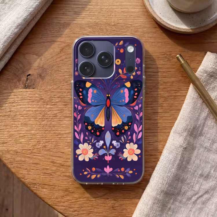 Sierlijk - Bloemen - Vlinder - Paars Telefoonhoesje iPhone 17 Pro klein -sfeer1