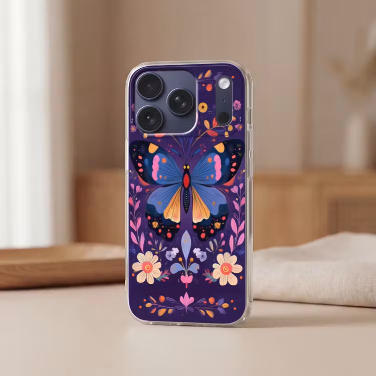 Sierlijk - Bloemen - Vlinder - Paars Telefoonhoesje iPhone 17 Pro klein -sfeer2