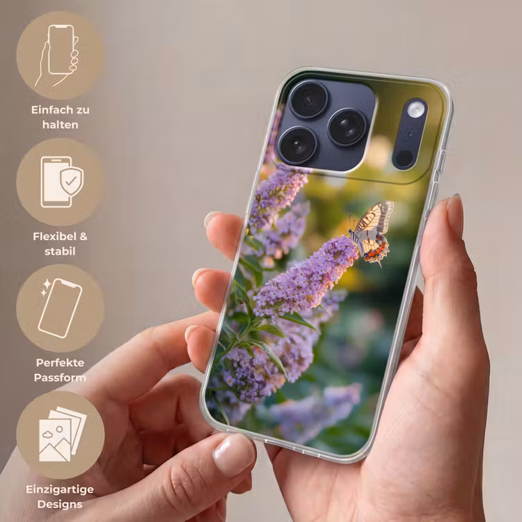 Sierlijke - Vlinder - Paarse - Bloemen Telefoonhoesje iPhone 17 Pro klein -sfeer3_DE