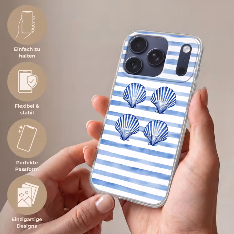 Vier schelpen - Blauw - Wit - Strepen Telefoonhoesje iPhone 17 Pro klein -sfeer3_DE