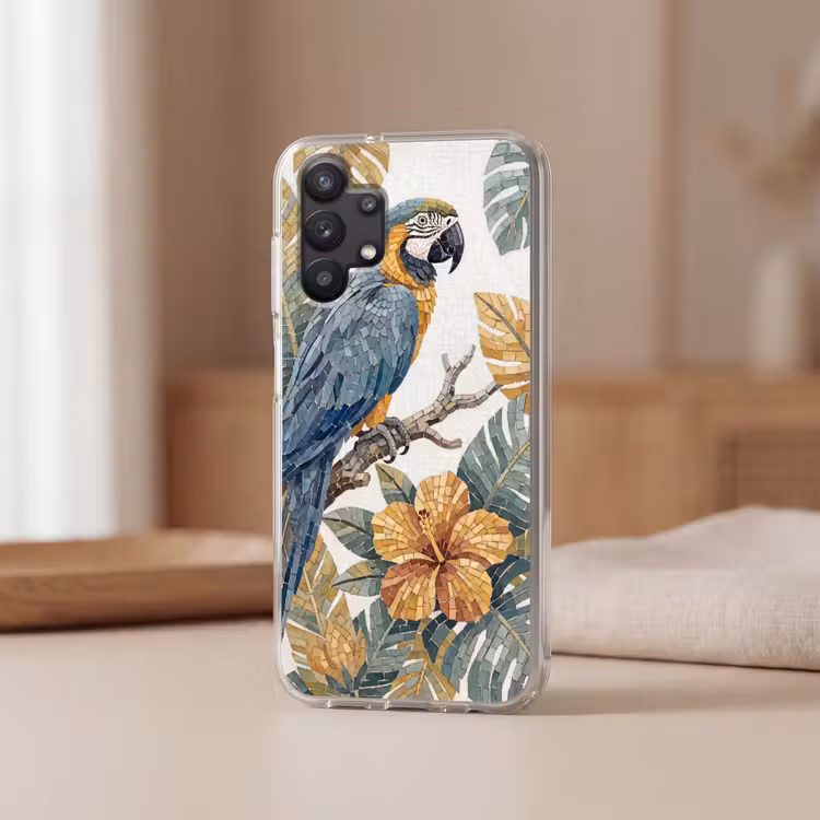 Vogel - Tak - Natuur - Mozaïek - Blauw Telefoonhoesje Samsung Galaxy A32 5G klein -sfeer2