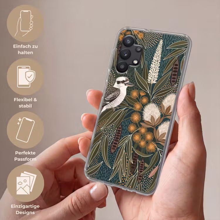 Vogel - Bladeren - Natuur - Illustratie - Groen Telefoonhoesje Samsung Galaxy A32 5G klein -sfeer3_DE