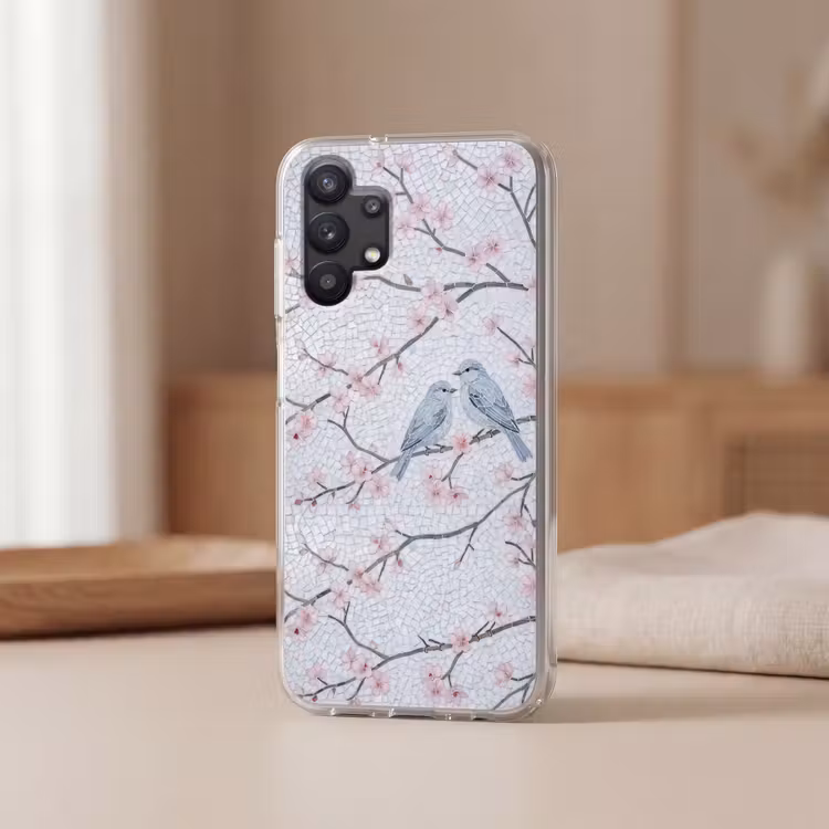 Vogel - Bloemen - Natuur - Mozaïek - Roze Telefoonhoesje Samsung Galaxy A32 5G klein -sfeer2