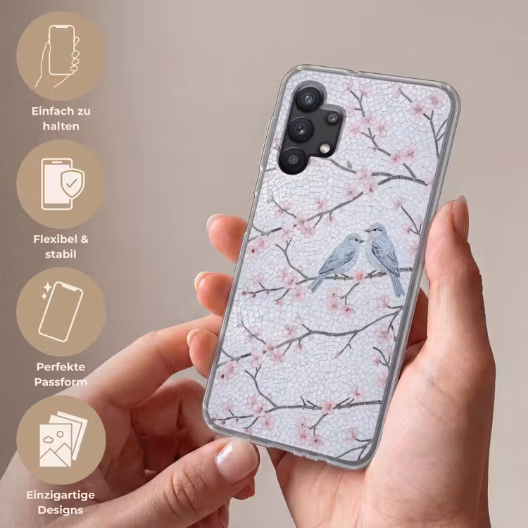 Vogel - Bloemen - Natuur - Mozaïek - Roze Telefoonhoesje Samsung Galaxy A32 5G klein -sfeer3_DE